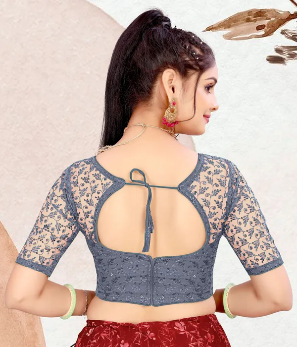 Grey_Net_Embellished_Round_Neck_Padded_Blouse_For_Women