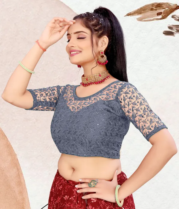 Grey_Net_Embellished_Round_Neck_Padded_Blouse_For_Women