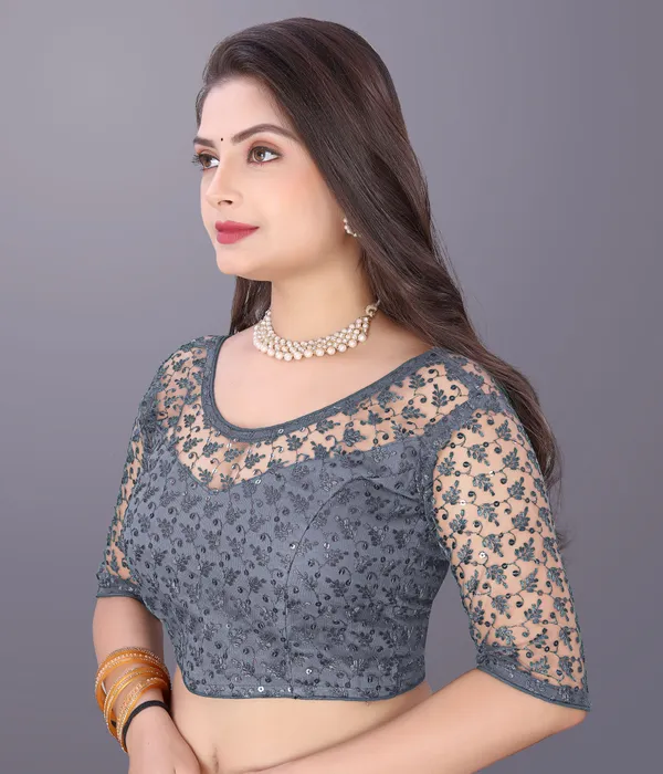 Grey_Net_Embriodered_Round_Neck_Padded_Blouse_For_Women