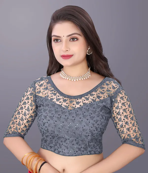 Grey_Net_Embriodered_Round_Neck_Padded_Blouse_For_Women