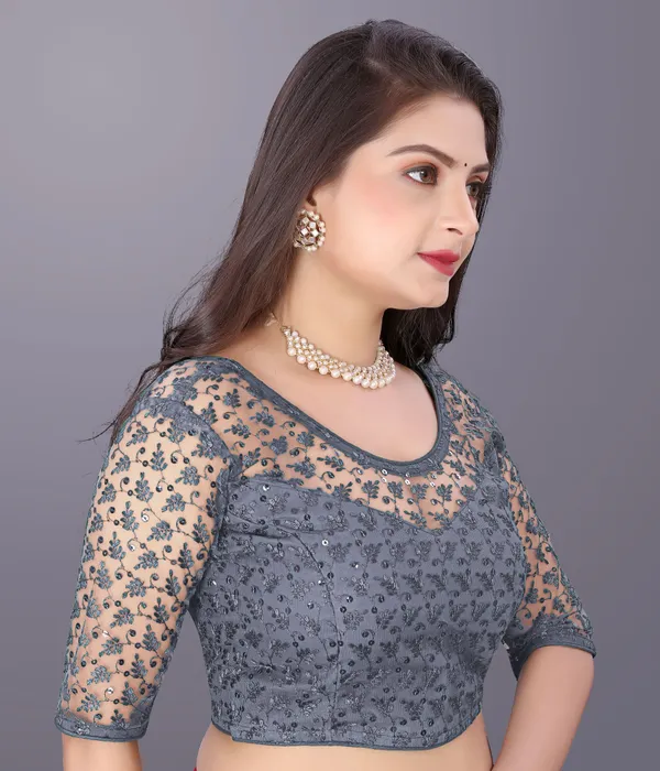 Grey_Net_Embriodered_Round_Neck_Padded_Blouse_For_Women