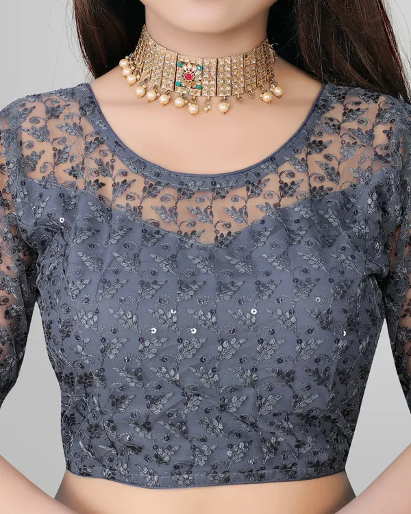 Grey_Net_Embriodered_Round_Neck_Padded_Blouse_For_Women