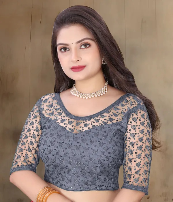 Grey_Net_Self_Design_Round_Neck_Padded_Blouse_For_Women