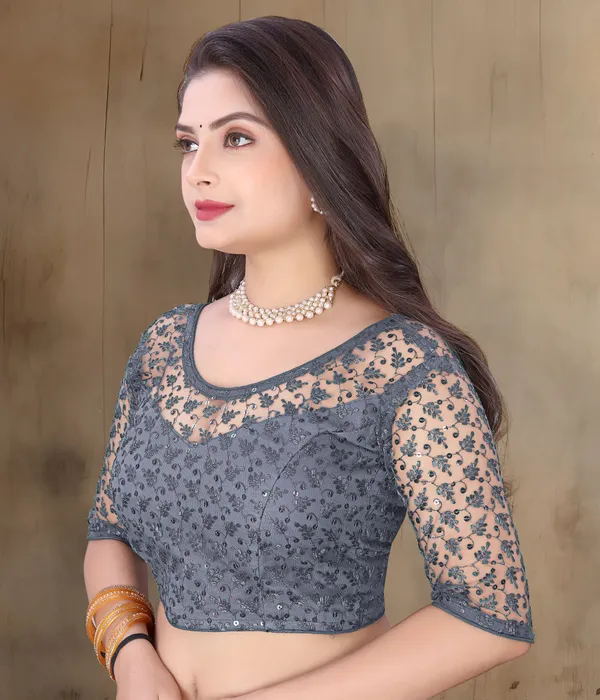 Grey_Net_Embellished_Round_Neck_Padded_Blouse_For_Women