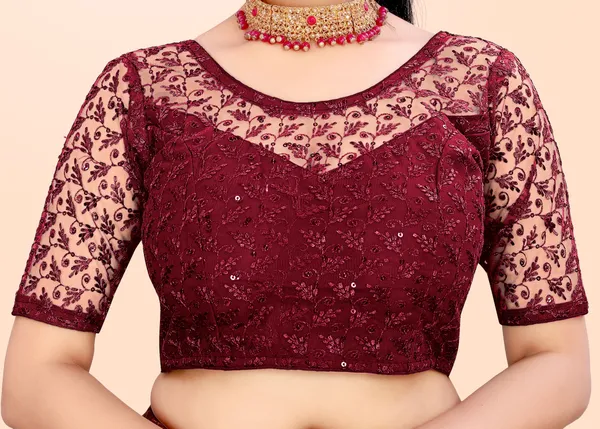 Maroon_Net_Self_Design_Round_Neck_Padded_Blouse_For_Women