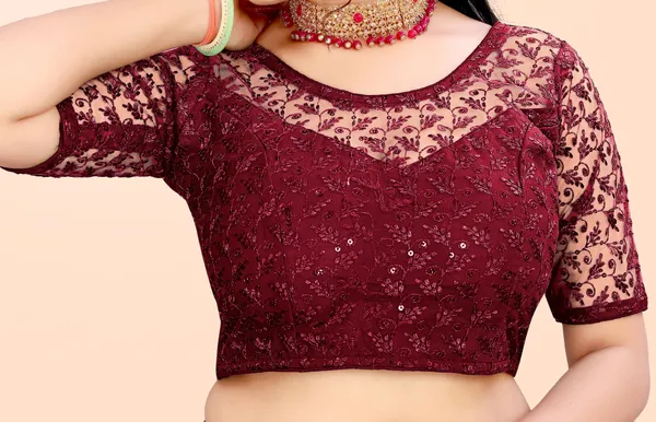 Maroon_Net_Self_Design_Round_Neck_Padded_Blouse_For_Women