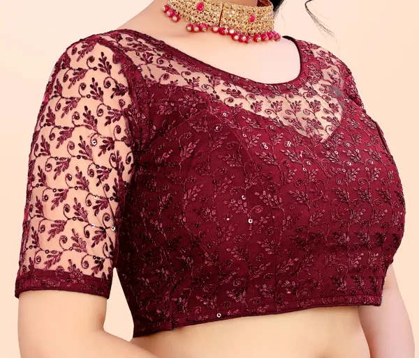 Maroon_Net_Self_Design_Round_Neck_Padded_Blouse_For_Women