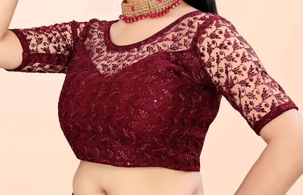 Maroon_Net_Self_Design_Round_Neck_Padded_Blouse_For_Women
