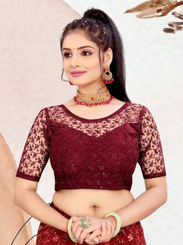Maroon_Net_Embellished_Round_Neck_Padded_Blouse_For_Women