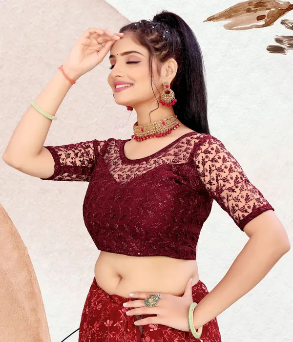 Maroon_Net_Embellished_Round_Neck_Padded_Blouse_For_Women