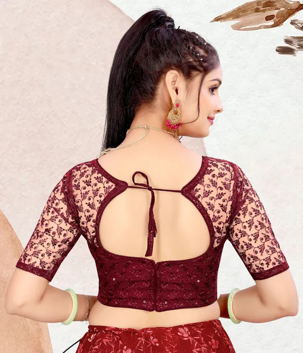 Maroon_Net_Embellished_Round_Neck_Padded_Blouse_For_Women