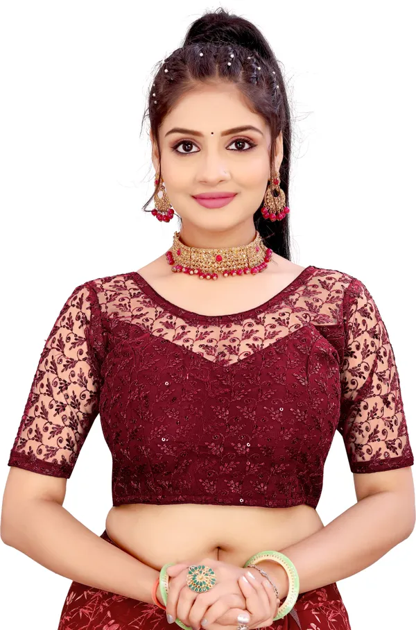 Maroon_Net_Embellished_Round_Neck_Padded_Blouse_For_Women