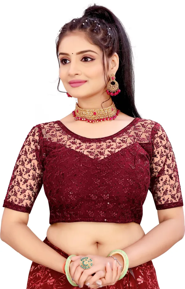 Maroon_Net_Embellished_Round_Neck_Padded_Blouse_For_Women