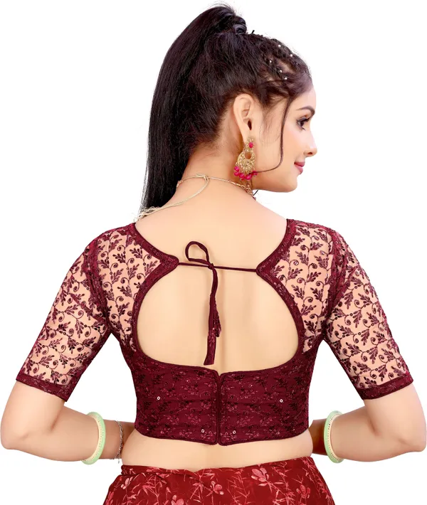 Maroon_Net_Embellished_Round_Neck_Padded_Blouse_For_Women