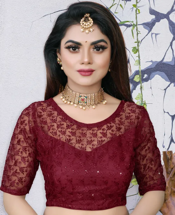 Maroon_Net_Self_Design_Round_Neck_Blouse_For_Women