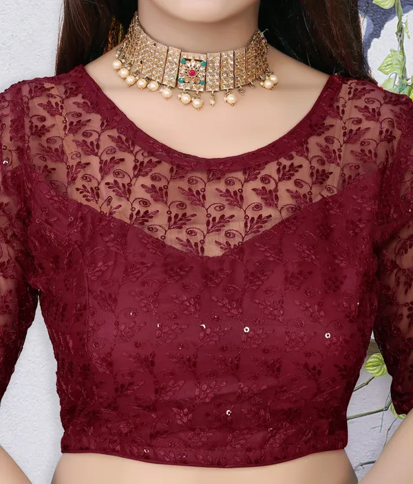 Maroon_Net_Self_Design_Round_Neck_Blouse_For_Women