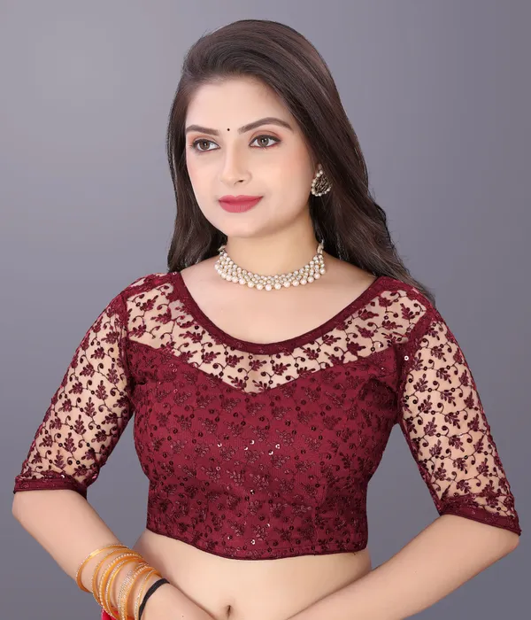 Maroon_Net_Embriodered_Round_Neck_Padded_Blouse_For_Women