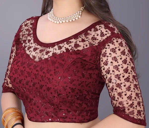 Maroon_Net_Embriodered_Round_Neck_Padded_Blouse_For_Women