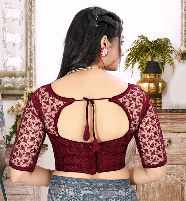 Maroon_Net_Embriodered_Round_Neck_Padded_Blouse_For_Women