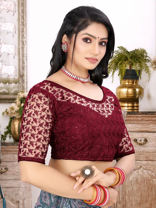 Maroon_Net_Embriodered_Round_Neck_Padded_Blouse_For_Women