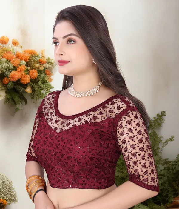 Maroon_Net_Self_Design_Round_Neck_Padded_Blouse_For_Women