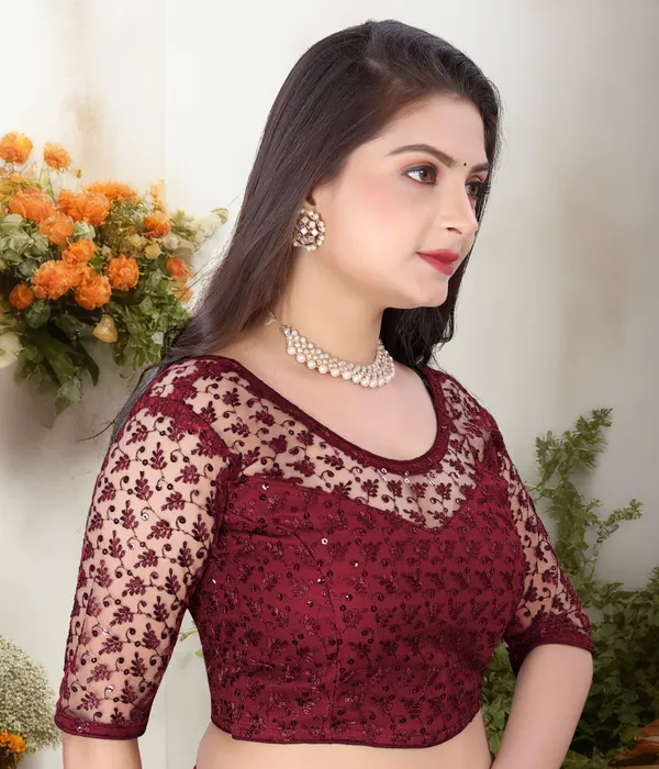 Maroon_Net_Self_Design_Round_Neck_Padded_Blouse_For_Women