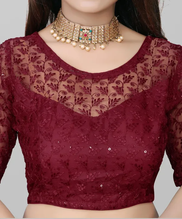 Maroon_Net_Embriodered_Round_Neck_Padded_Blouse_For_Women