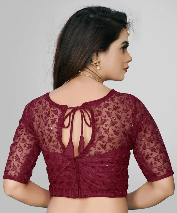 Maroon_Net_Embriodered_Round_Neck_Padded_Blouse_For_Women