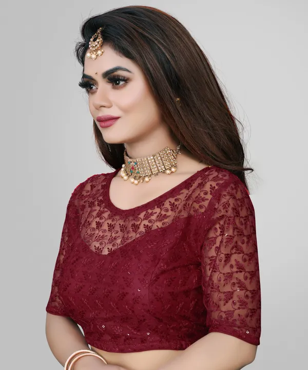 Maroon_Net_Embriodered_Round_Neck_Padded_Blouse_For_Women