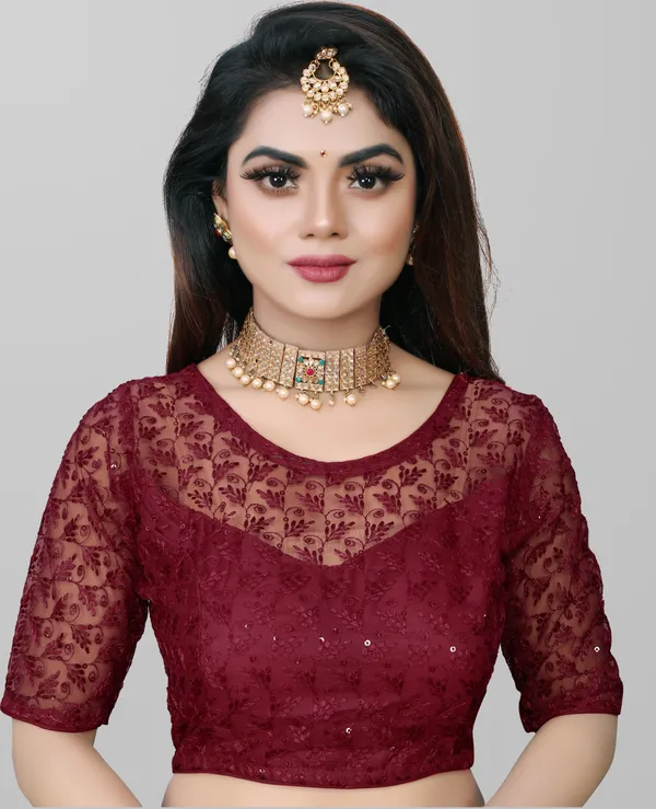 Maroon_Net_Embriodered_Round_Neck_Padded_Blouse_For_Women