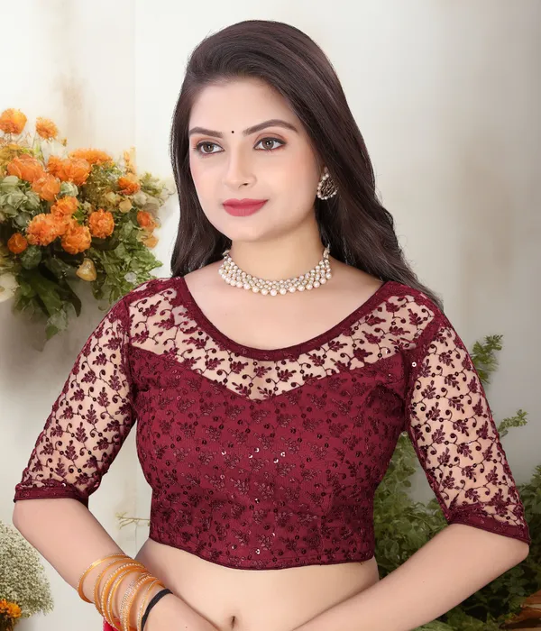 Maroon_Net_Self_Design_Round_Neck_Padded_Blouse_For_Women