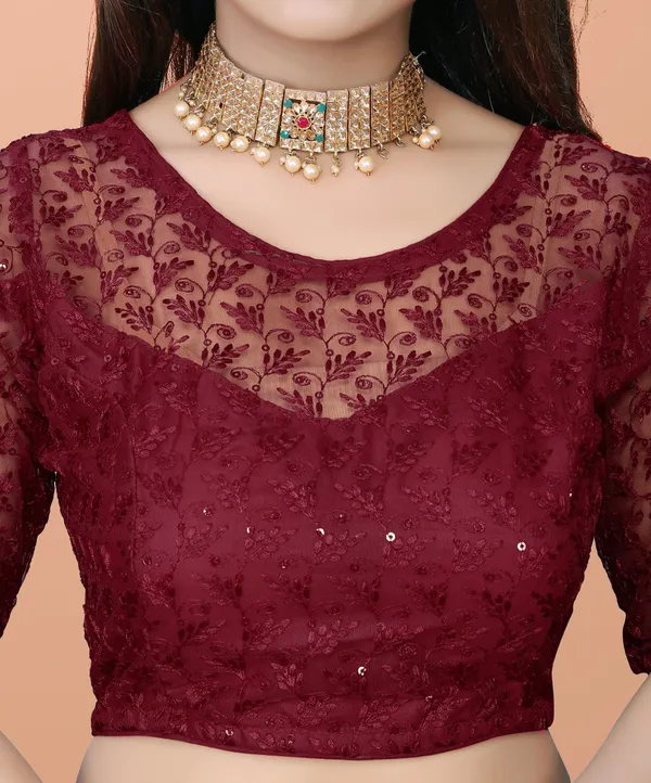 Maroon_Net_Embriodered_Round_Neck_Padded_Blouse_For_Women