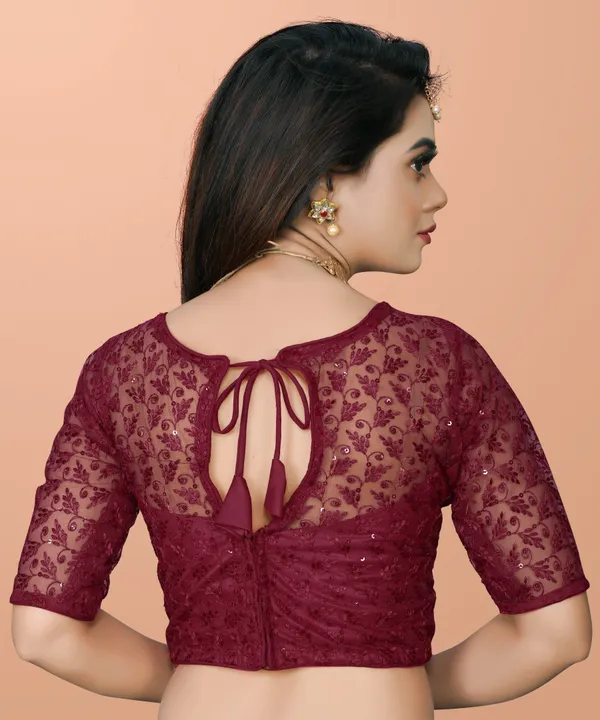 Maroon_Net_Embriodered_Round_Neck_Padded_Blouse_For_Women