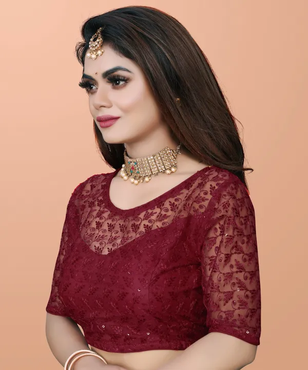 Maroon_Net_Embriodered_Round_Neck_Padded_Blouse_For_Women
