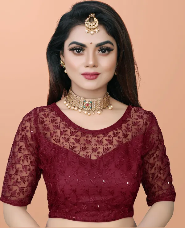 Maroon_Net_Embriodered_Round_Neck_Padded_Blouse_For_Women