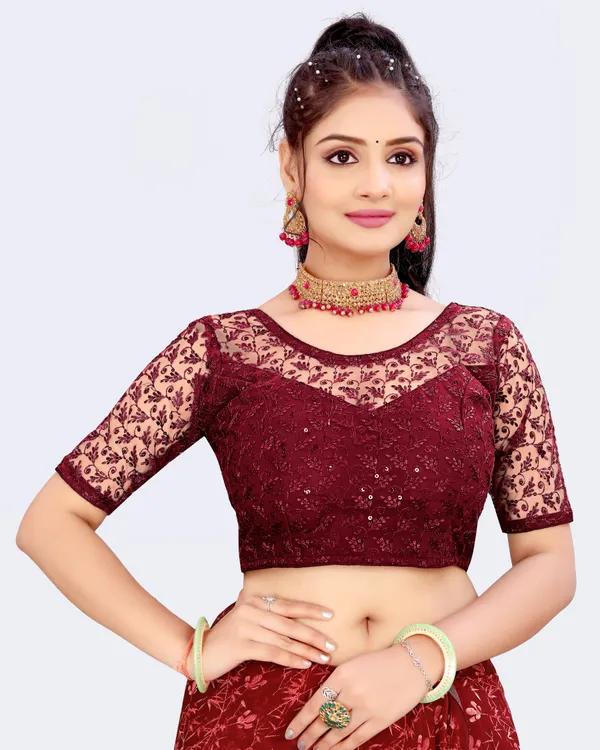 Maroon_Net_Embellished_Round_Neck_Padded_Blouse_For_Women