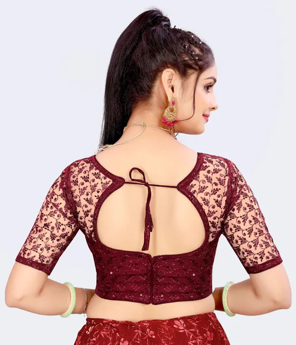 Maroon_Net_Embellished_Round_Neck_Padded_Blouse_For_Women