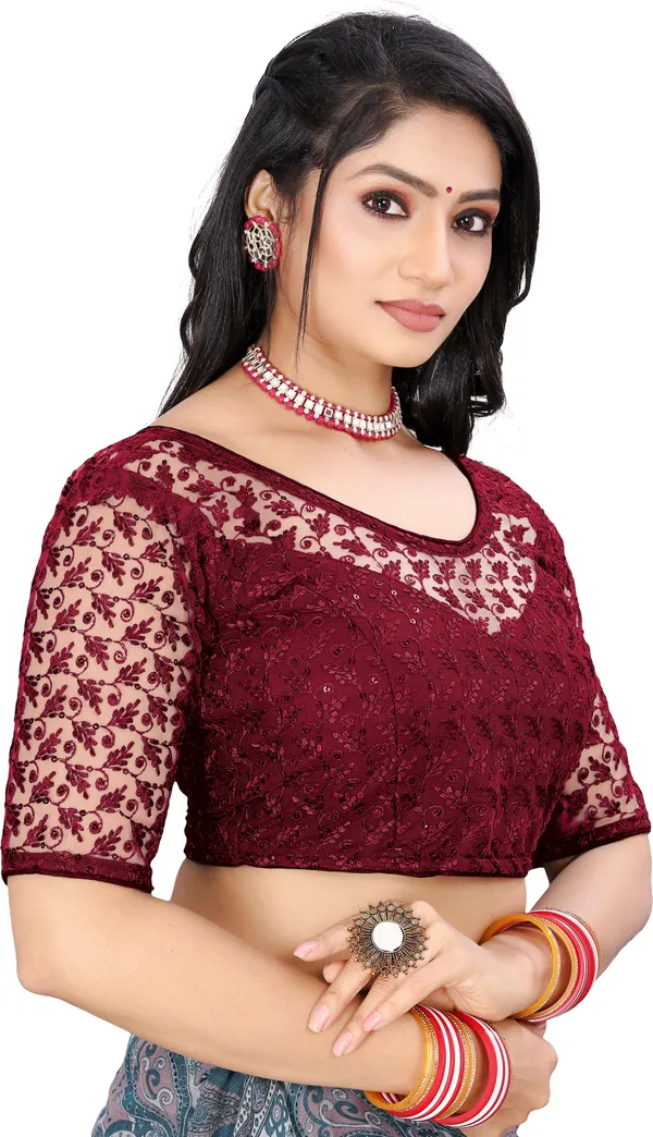 Maroon_Net_Embriodered_Round_Neck_Padded_Blouse_For_Women