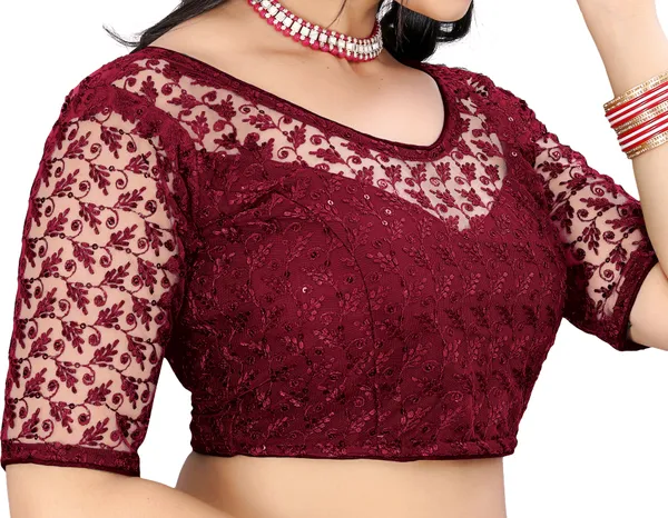 Maroon_Net_Embriodered_Round_Neck_Padded_Blouse_For_Women