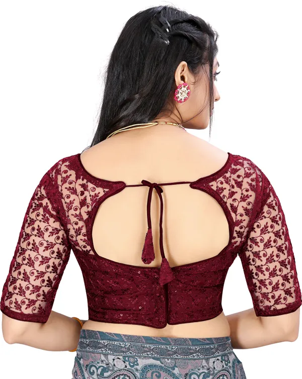 Maroon_Net_Embriodered_Round_Neck_Padded_Blouse_For_Women