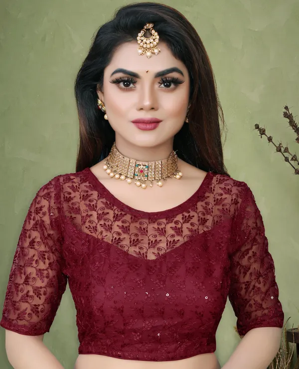 Maroon_Net_Embriodered_Round_Neck_Padded_Blouse_For_Women