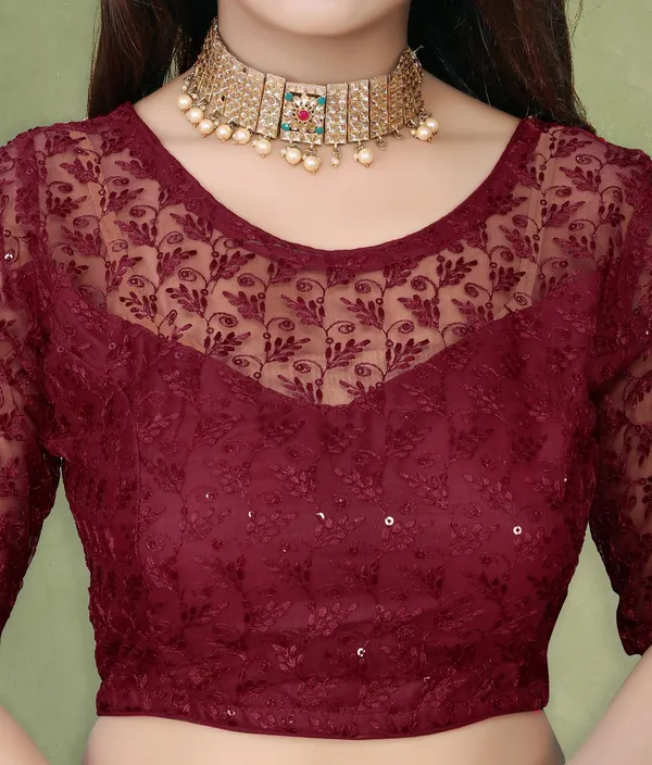 Maroon_Net_Embellished_Round_Neck_Padded_Blouse_For_Women