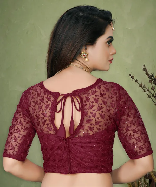 Maroon_Net_Embellished_Round_Neck_Padded_Blouse_For_Women