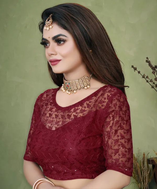 Maroon_Net_Embellished_Round_Neck_Padded_Blouse_For_Women