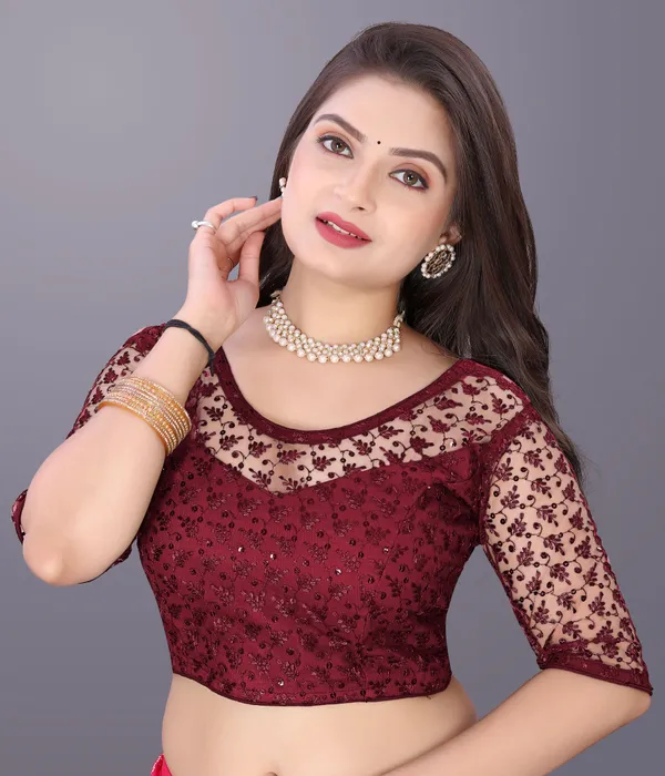 Maroon_Net_Embriodered_Round_Neck_Padded_Blouse_For_Women