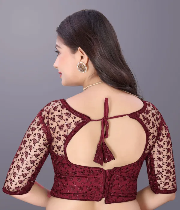 Maroon_Net_Embriodered_Round_Neck_Padded_Blouse_For_Women