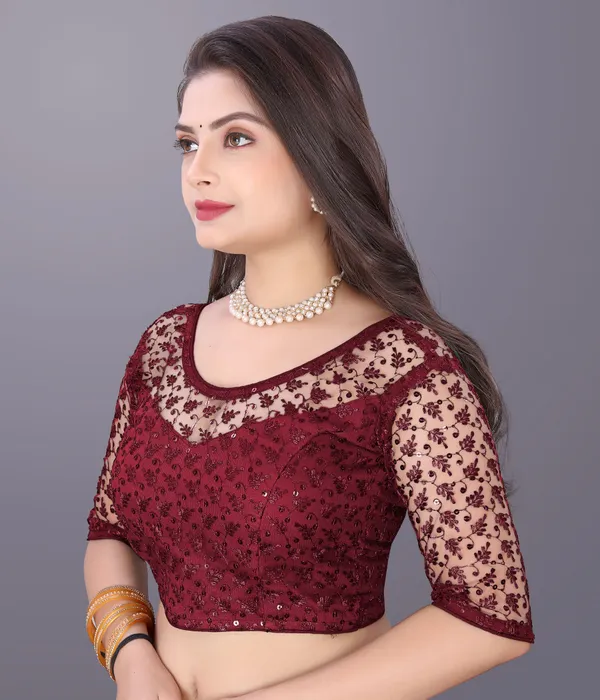 Maroon_Net_Embriodered_Round_Neck_Padded_Blouse_For_Women
