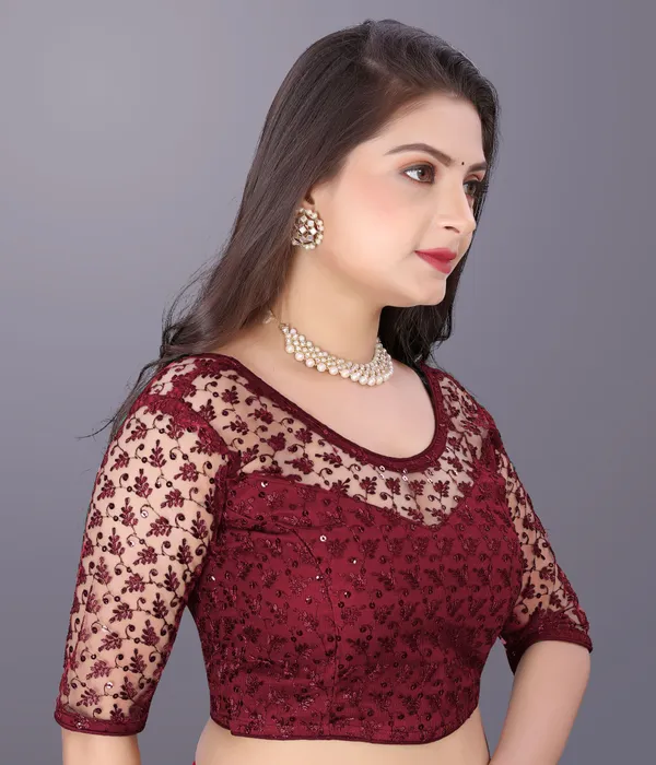 Maroon_Net_Embriodered_Round_Neck_Padded_Blouse_For_Women