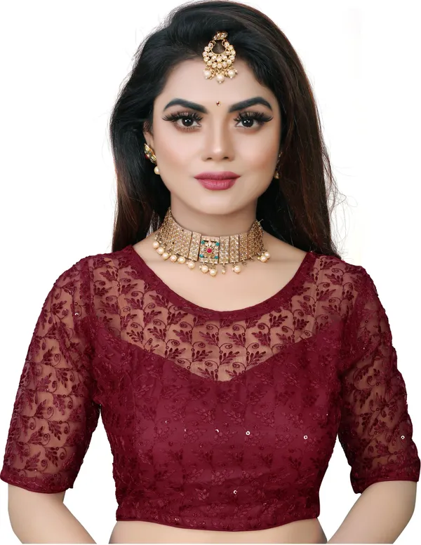 Maroon_Net_Embriodered_Round_Neck_Padded_Blouse_For_Women