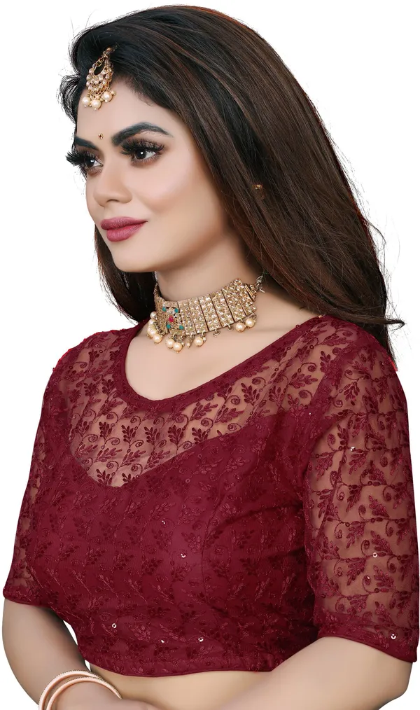 Maroon_Net_Embriodered_Round_Neck_Padded_Blouse_For_Women